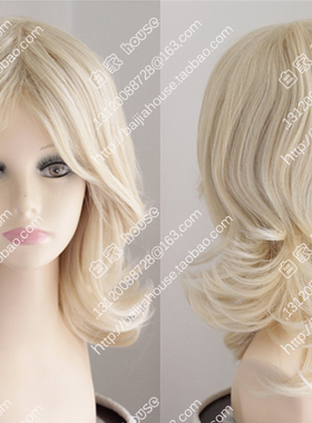 欧美软妹外贸假发 淡金色 梨花中长卷发 中分刘海 翻翘 萝莉芭比