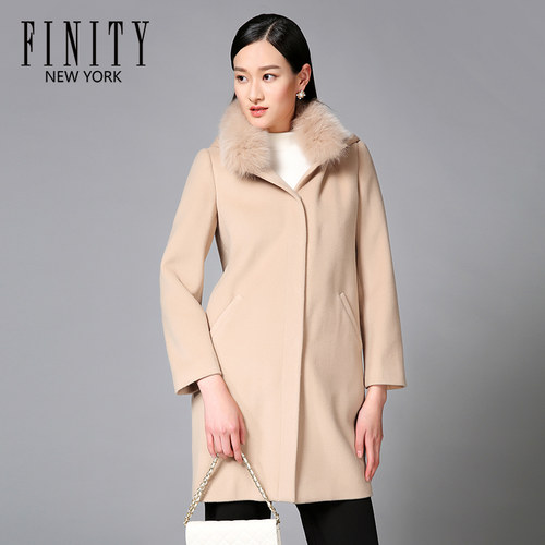 FINITY女装冬装长袖简约羊毛外套 优雅狐狸毛领呢大衣