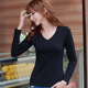 T恤女款 v领打底衫 秋冬修身 长袖 棉纯色鸡心领秋衣黑色女装