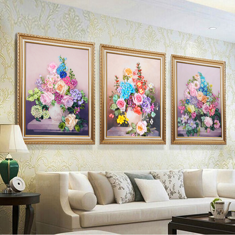 丝带绣新款三联画diy手工刺绣布艺材料包立体十字绣欧式花卉挂画