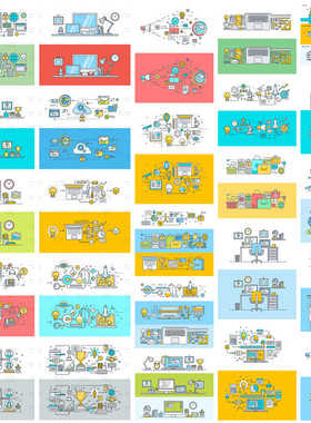 矢量设计素材 25张扁平化线稿风格信息图商务团队合作社交媒介EPS