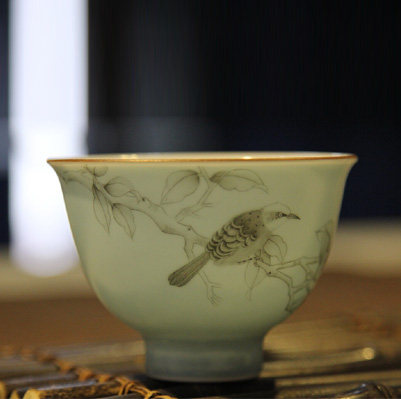 品墨善雅景德镇陶瓷茶杯新彩手绘汝蓝釉高档功夫茶具单杯莺歌墨秀
