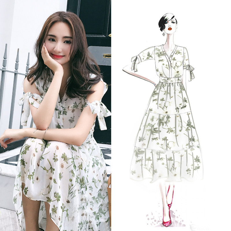 尤麦雪纺碎花V领连衣裙2020中长款女夏小清新超仙小个子收腰裙子