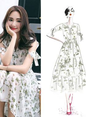 尤麦V领女夏小清新超仙连衣裙