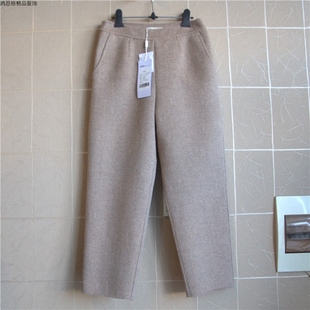 鸿思格HSG1708人字纹双面手缝羊绒羊毛直筒烟管裤 百搭小哈伦女裤