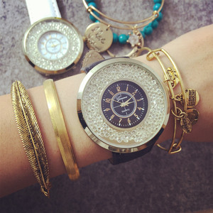 韩版欧美款时尚水钻手表 大表盘数字刻度满钻日内瓦女士皮带手表