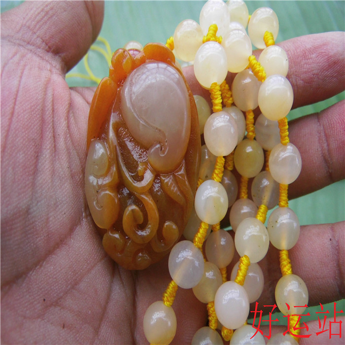 促销新款黄龙玉项链玉石福寿双全吊坠宝石金包银挂件玉佩手工玉器