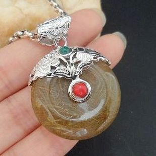 天然发晶平安扣吊坠4.2cm 手工镀白金原创设计正品 泰银 925纯银