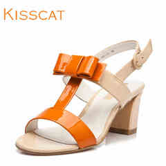 KISSCAT kissing cat Amoi bow Sandals Women stitching collision coarse with high heel shoes