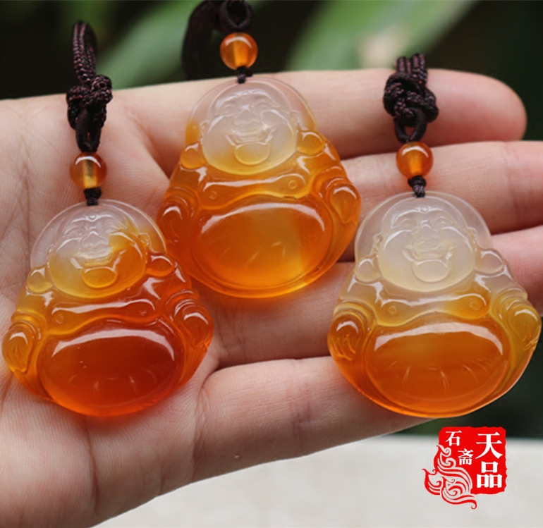 天然原色冰种冰透蜜糖色玉髓玛瑙招财笑佛坐佛黄金肚小佛吊坠挂件