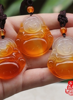 冰透蜜糖色玉髓玛瑙招财笑佛吊坠