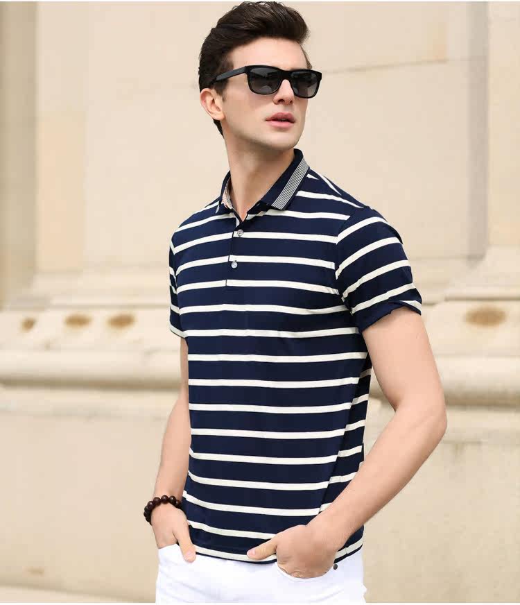 601男士短袖t恤男装青年条纹T恤翻领POLO衫夏季P65藏青，男装Polo衫，星座1615