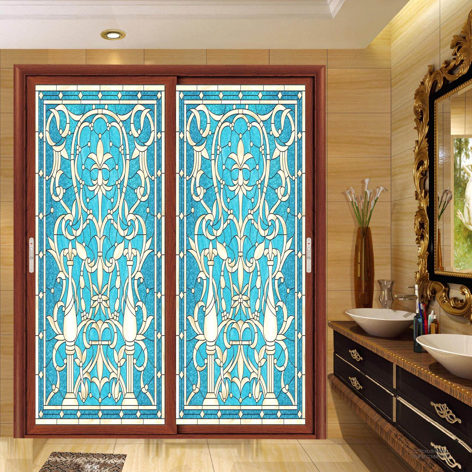 欧美彩色窗户贴 彩绘艺术磨砂玻璃贴膜复古教堂玻璃衣柜门贴膜