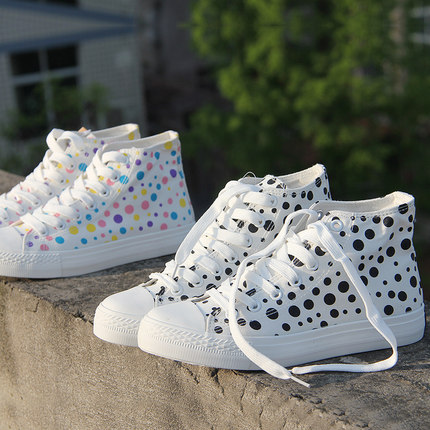 人本2017夏季新款高帮帆布鞋女圆点甜美平底 软底板鞋 百搭休闲鞋