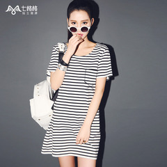 Seven space space OTHERMIX2015-summer wind easing new Navy short sleeve round neck stripes dress