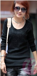 菲恩正品女装圆领休闲针织长袖烫钻打底衫薄毛衣黑色