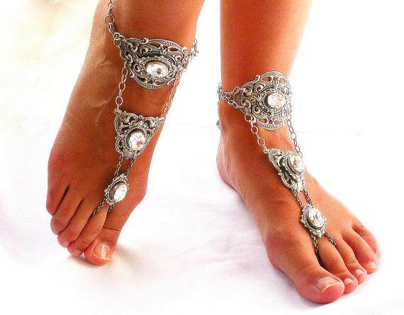 Barefoot㊣希腊代购 手作维多利亚浪漫水晶镶嵌精巧纯银脚链