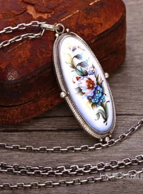SOLD 上层精灵的庭院∮Art Deco古董瓷花银吊坠60cm老银项链孤品