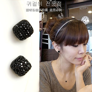 黑色百搭正方形闪钻磁铁耳钉 无耳洞吸磁假耳环韩国耳饰 简约女款