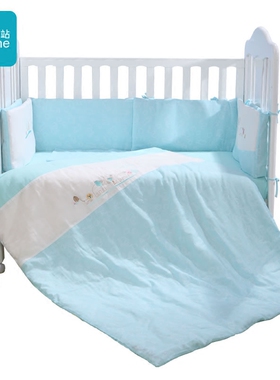 第一站梦蓝婴儿床品套件宝宝全棉纱四季被套床围床笠幼儿童6件套