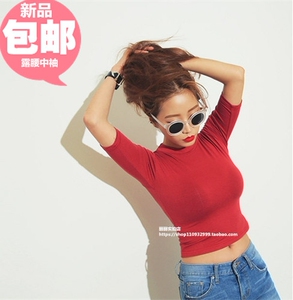 韩版大码女装中袖上衣打底衫 短款露腰露脐中袖T 有长袖
