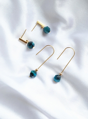 HiOnion蓝色多瑙河孔雀蓝虎眼石定制耳环18K包金耳钩复古法式耳夹