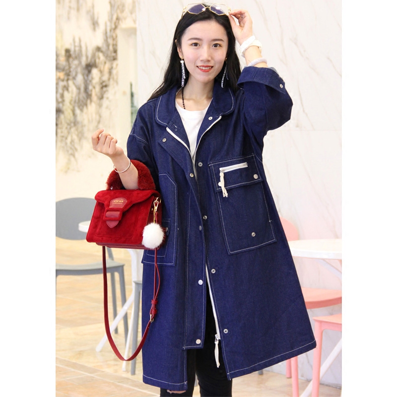 牛仔风衣女中长款不规则韩版春季2018新款过膝外套宽松工装胖mm