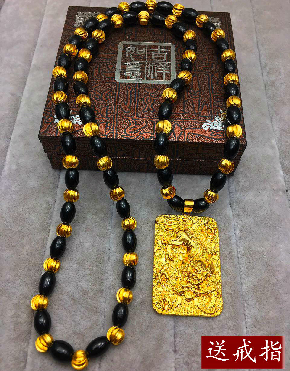 手工穿珠玛瑙黑曜石麒麟吊坠越南沙金项链男女情侣欧币金镀金项链