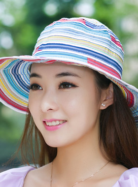 彩条防晒防紫外线沙滩遮阳帽子