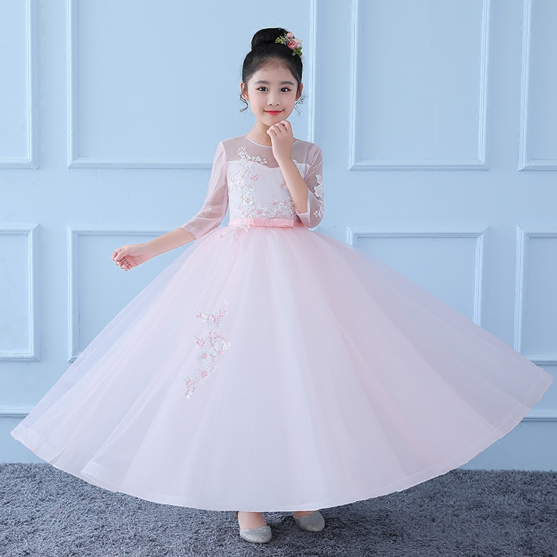 儿童晚礼服主持人女童生日公主裙小花童婚纱蓬蓬裙粉色演出服长袖