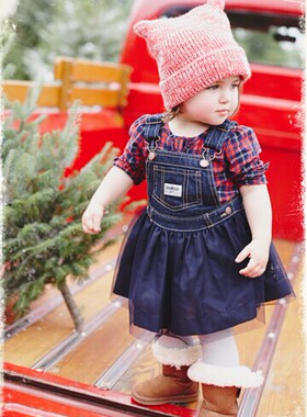 美国采购现货OSHKOSH女宝宝女童背带裙套装节日生日超美新年装