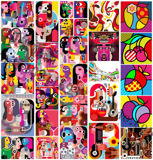 矢量设计素材 25张立体主义毕加索风格彩色抽象涂鸦艺术作品 eps