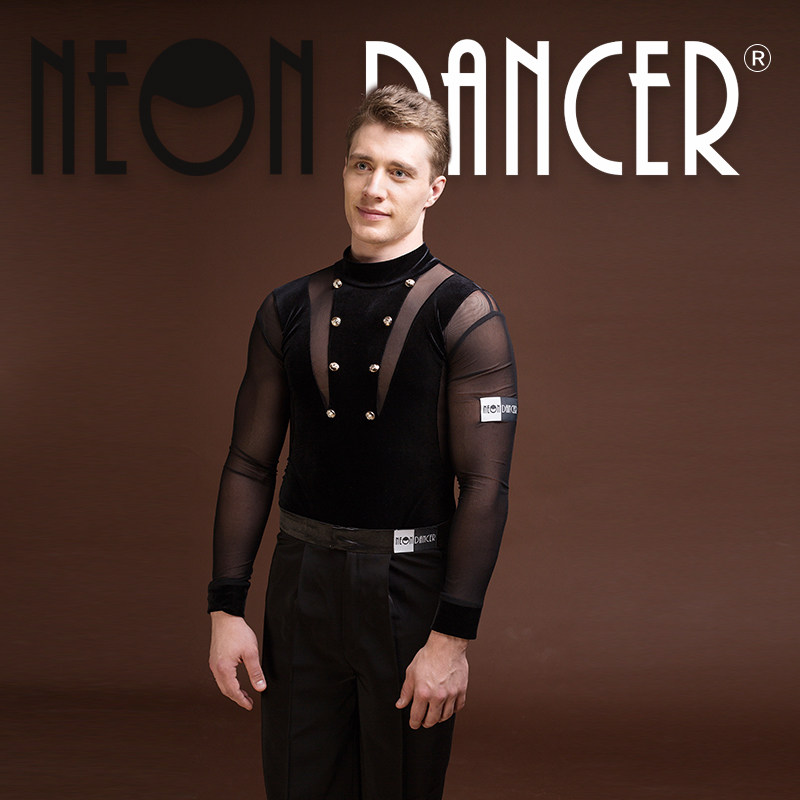 NEON DANCER 新款男士拉丁舞连体上衣 进口丝绒拼网艺考服 演出服