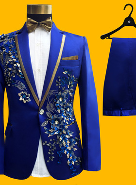 缘于真情23年新款歌手司仪主持修身绣花蓝色粉红舞台礼服西服套装