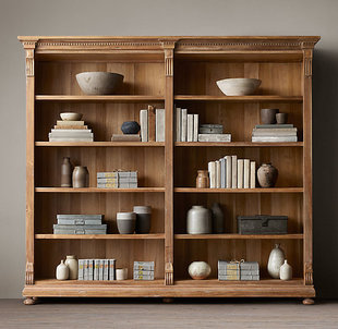 美式 美国RH橡木实木雕花边柜 欧式 别墅简约书柜 乡村复古家具书架