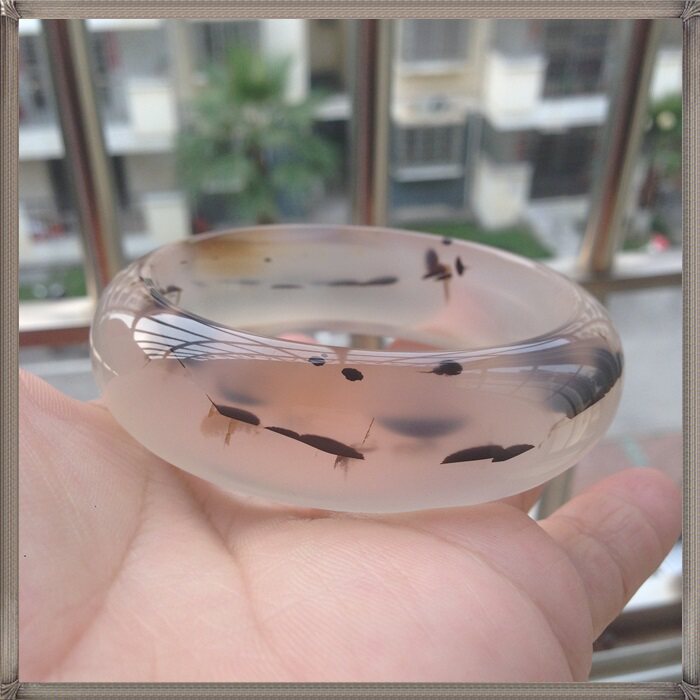 超冰透纯天然原石海洋水草个性水墨玛瑙手镯加宽加厚收藏女礼