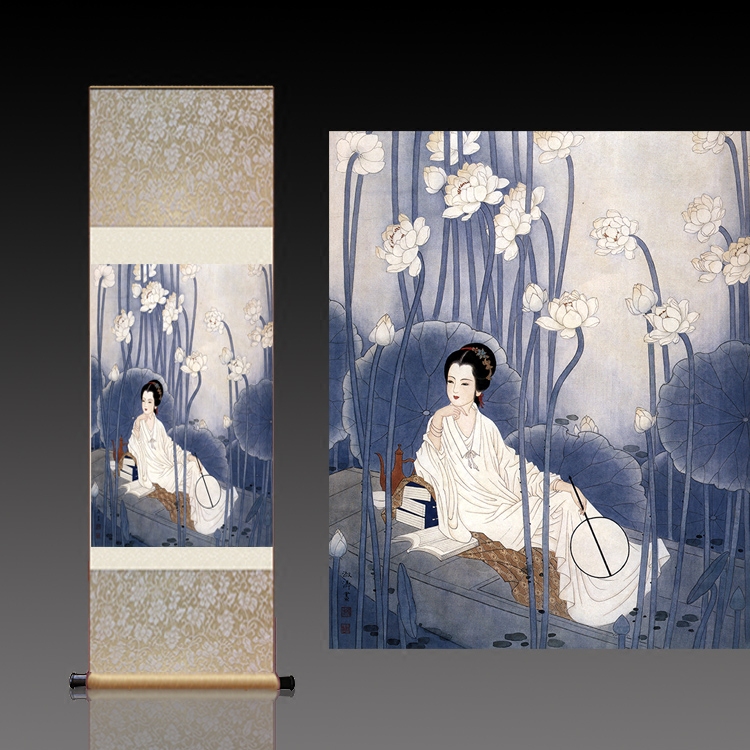 风水装饰画唐朝仕女图荷塘小船丝绸挂画卷轴画国画古典画茶楼壁画