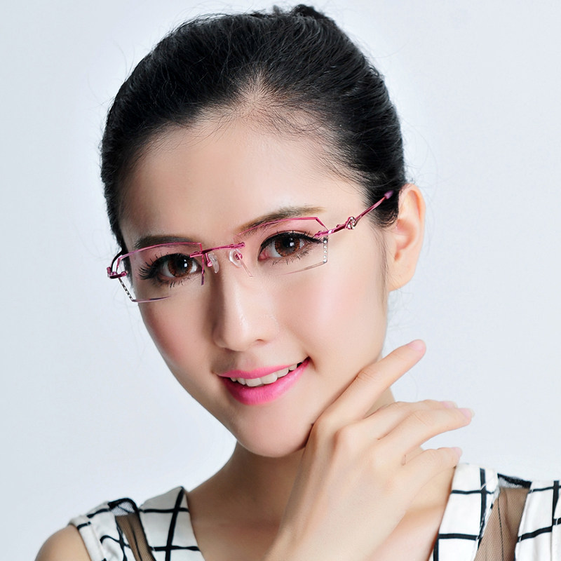 近视眼镜框切边眼镜镶钻石女纯钛配无框眼镜超轻镜架韩国变色成品