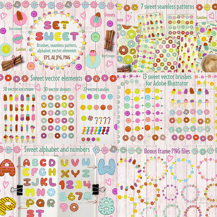 儿童糖果字母冰淇淋甜甜圈生日贺卡背景海报AI矢量PNG免抠素材