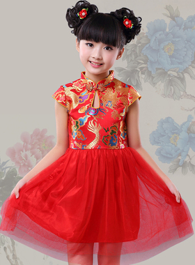 2025高档云锦纱裙公主裙红色连衣裙儿童旗袍女童唐装女孩礼服表演