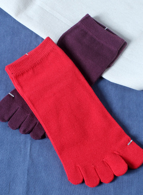 四季纯棉五指袜男士秋款纯色红防臭短筒低矮腰五指袜紫色红色