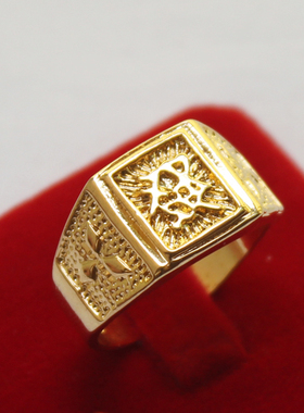 发福财方形戒假金指环黄铜镀24K沙金色戒指男款潮流首饰不掉色