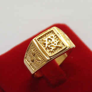 发福财方形戒假金指环黄铜镀24K沙金色戒指男款潮流首饰不掉色