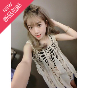 包邮不规则流苏摆上衣圆领无袖镂空宽松棉麻罩衫韩版夏季女钩花潮