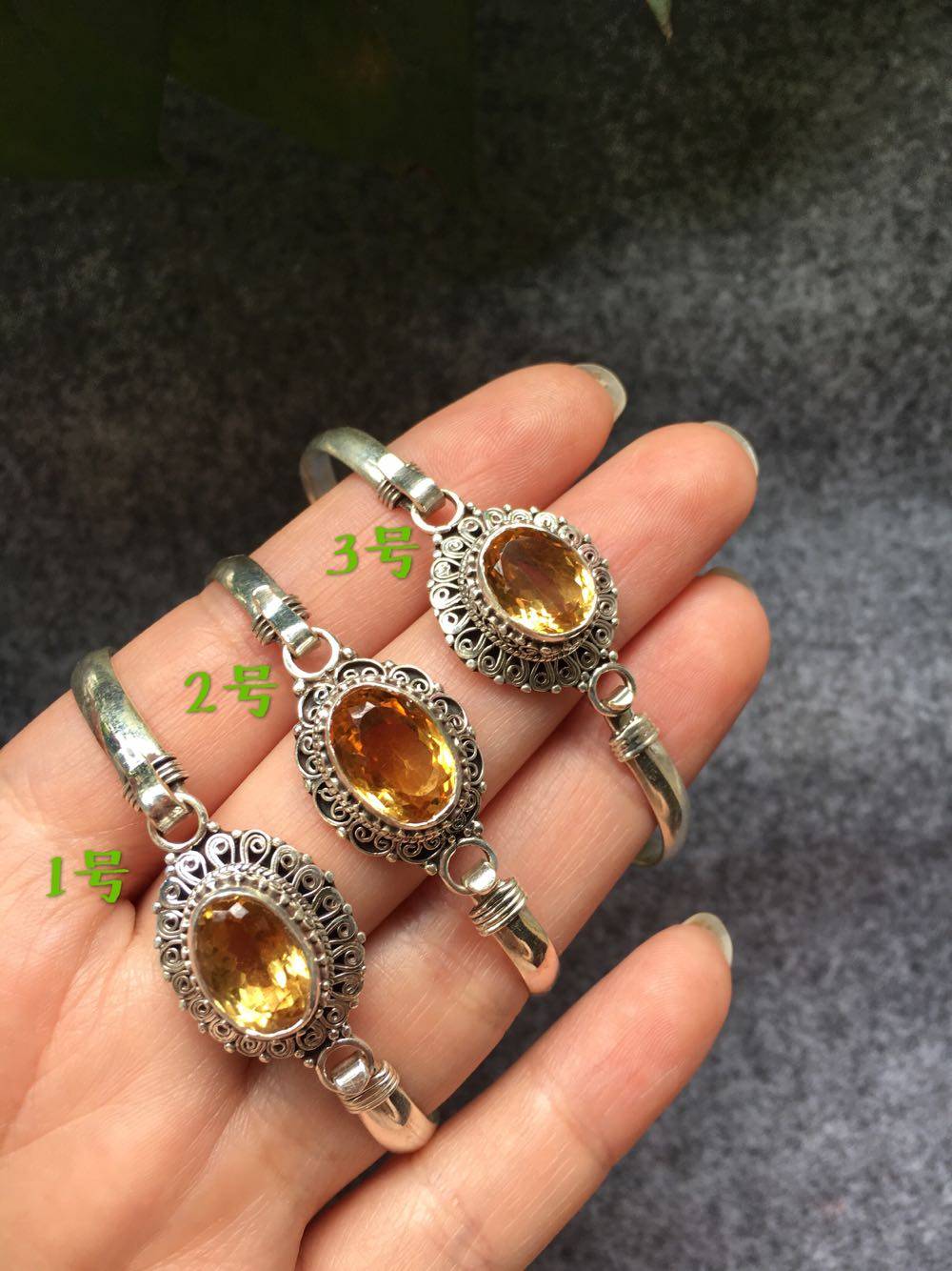 尼泊尔饰品 天然巴西黄水晶紫水晶手镯 925银精致复古花边