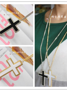 欧美金属珐琅滴釉黑色白十字架吊坠项链毛衣链时尚长款
