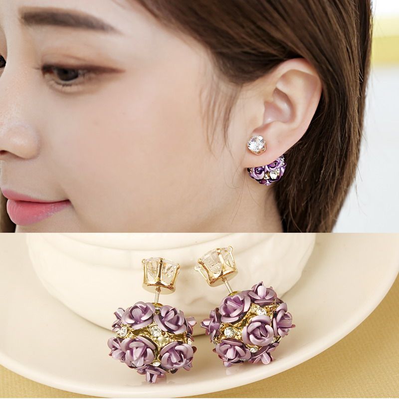 欧美夸张花球后挂式大耳环时尚闪亮玫瑰花有耳洞耳钉个性耳饰品