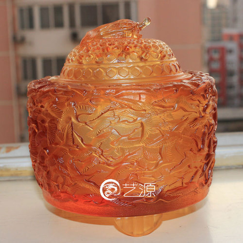 琉璃摆件龟鹤千年莲花香炉