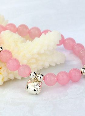 hellokitty925银天然粉晶手串水晶日韩版 海蓝宝水晶手链银饰品