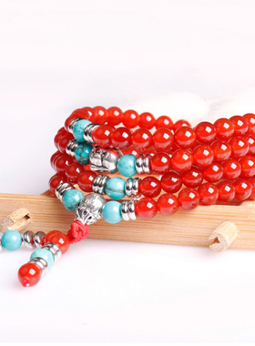 天然红玛瑙绿松石多圈手链